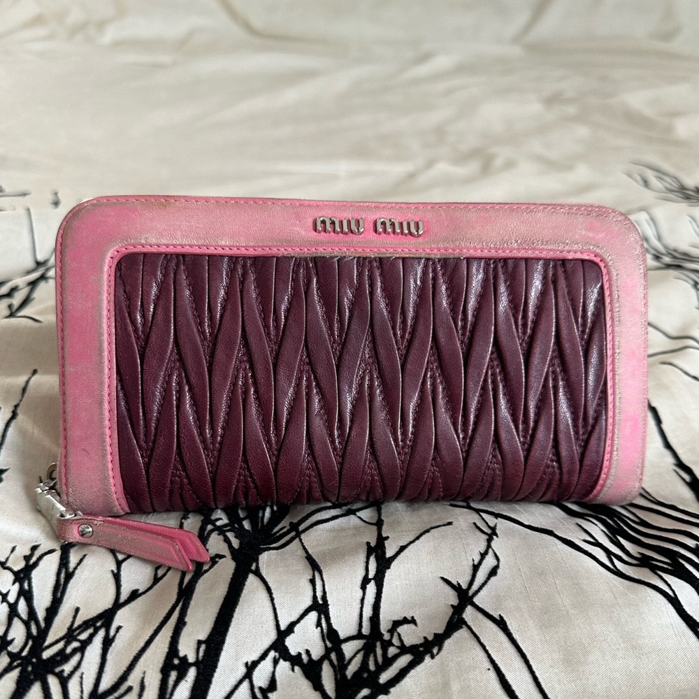 Miu Miu Continental Nappa Matelasse Burgundy/Pink Long Zip Wallet